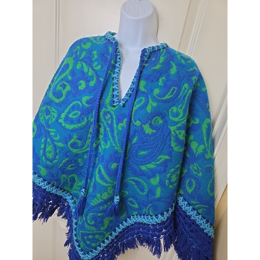 Vtg‎ 60s 70s Tapestry Fringe Poncho Woven Blue Green Paisley Tassel Sweater